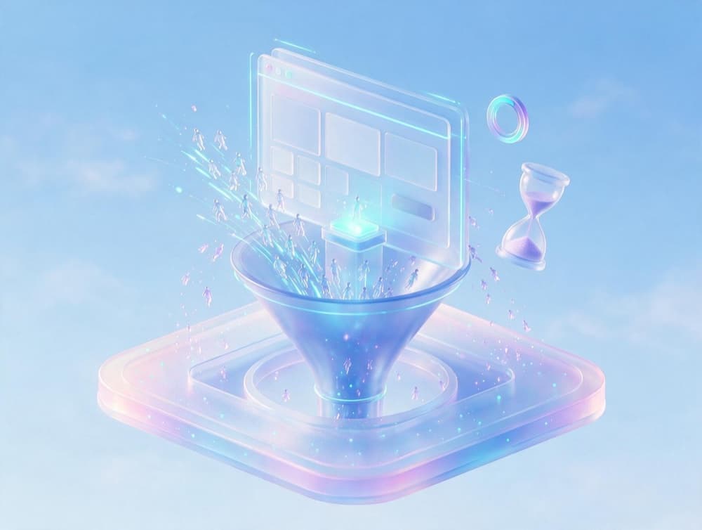 Web page pouring into a funnel and spilling out, beside an hourglass