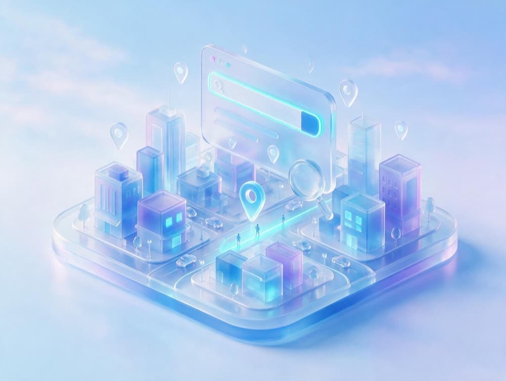 Glass model of a city with map pins and a search bar floating above it