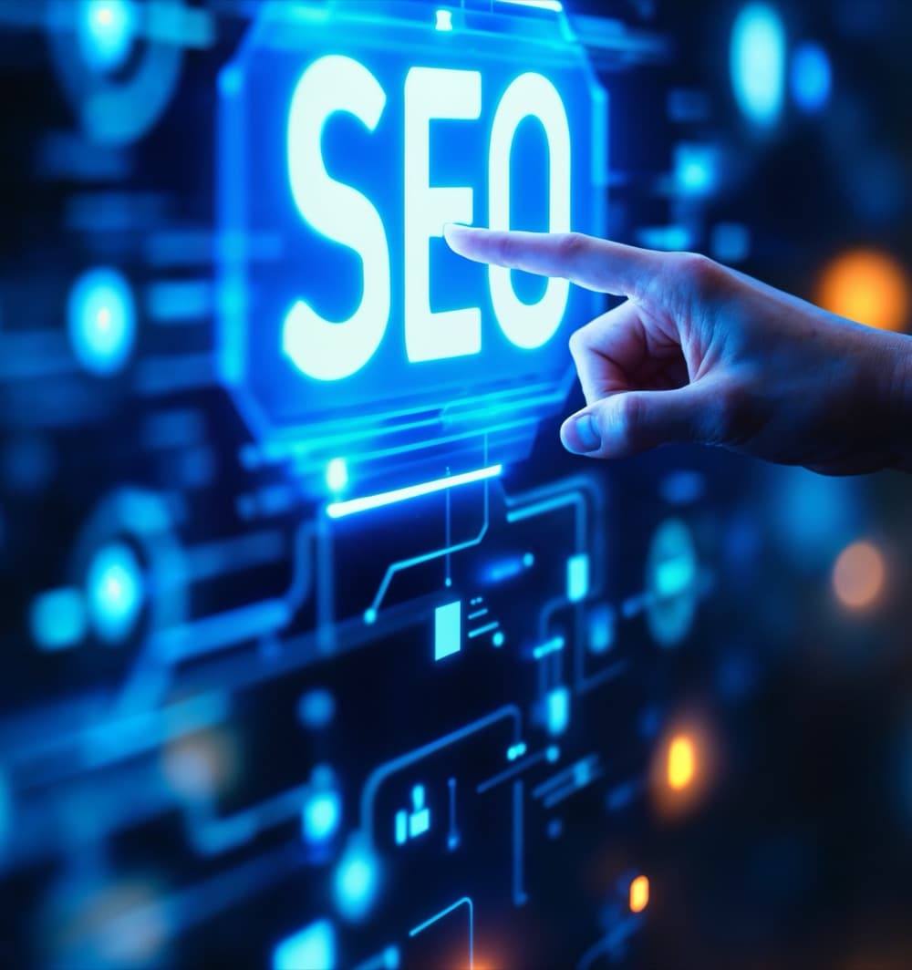 Hand touching a glowing SEO sign on a digital screen