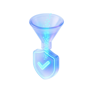 Funnel filtering down into a shield with a check mark