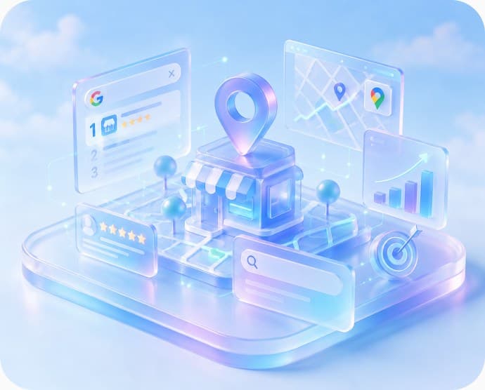 A storefront pinned on a city map, surrounded by search ranking, review and growth panels