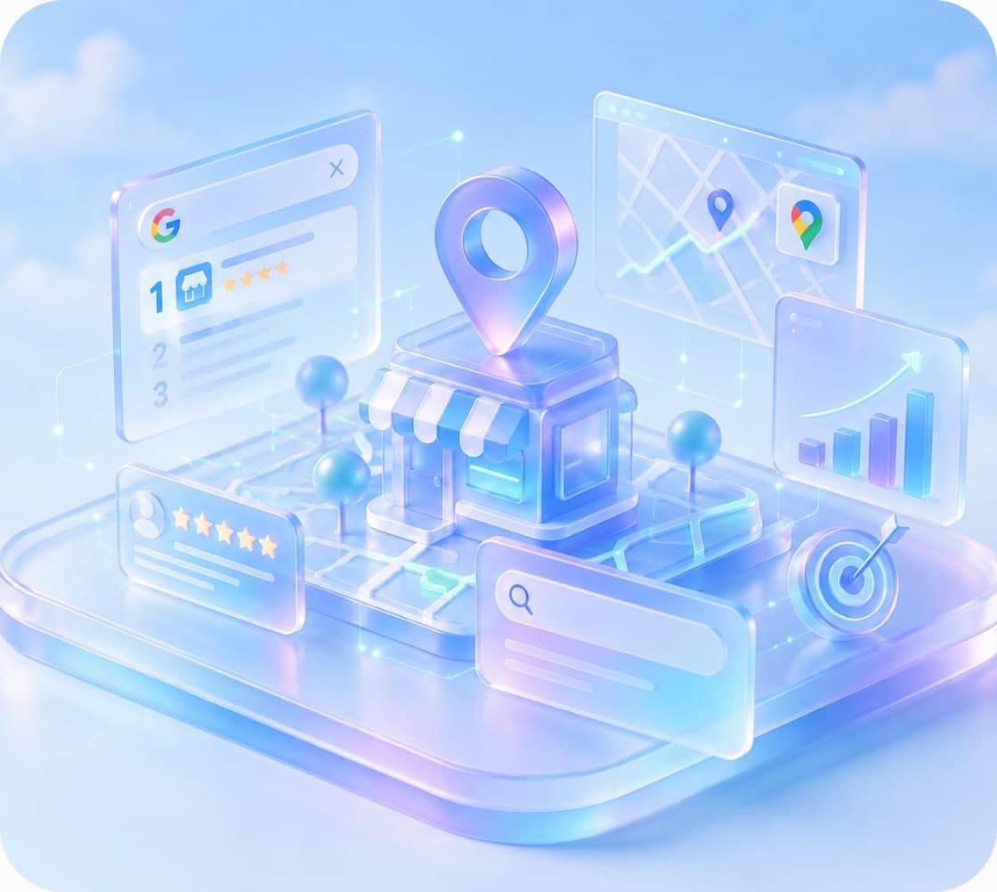 A storefront pinned on a city map, surrounded by search ranking, review and growth panels