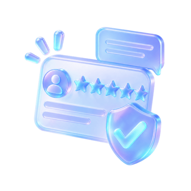 Review card with five stars and a shield with a check mark