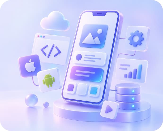 Phone screens beside API, testing and app-store panels, tracing an app from prototype to launch