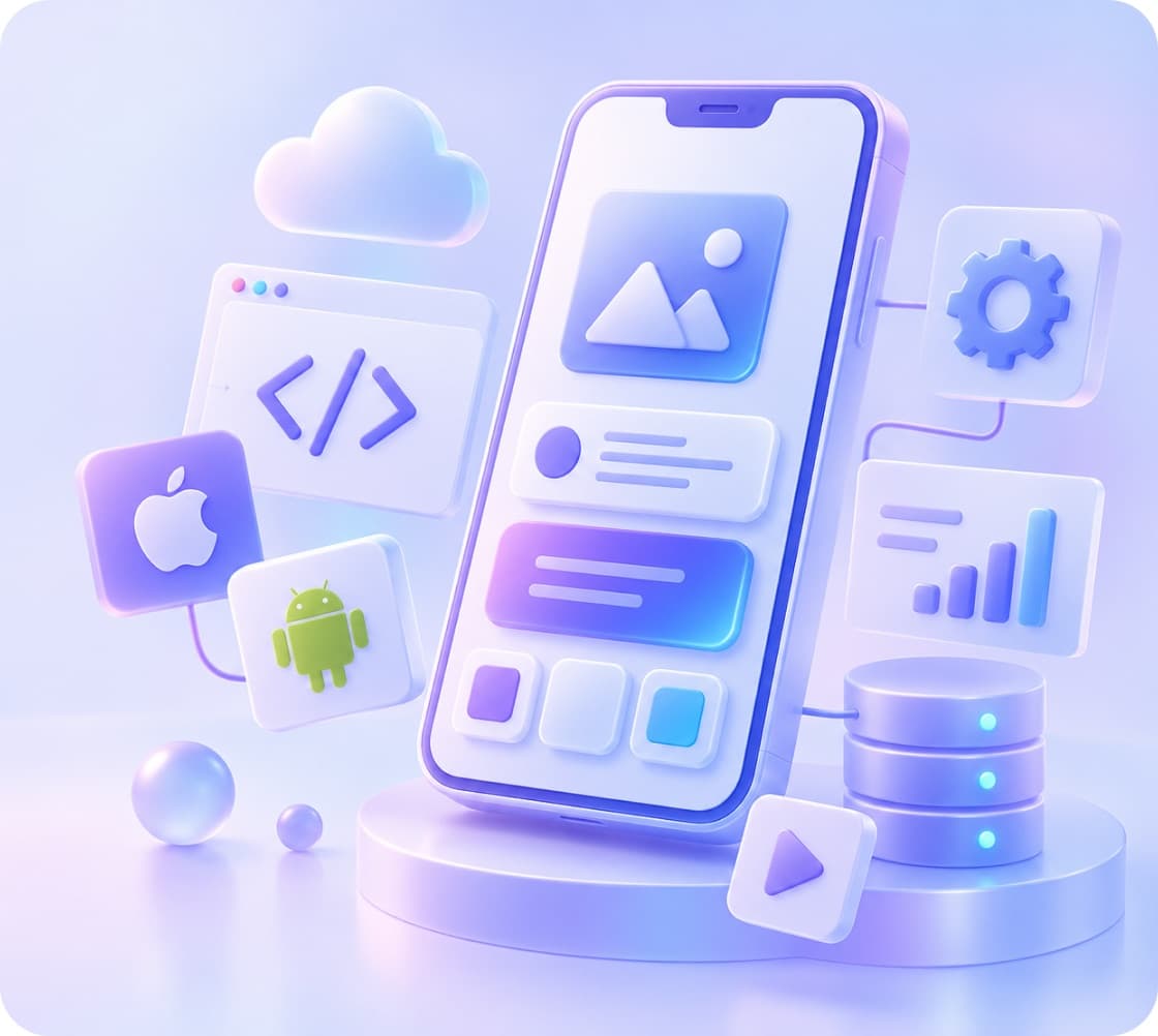 Phone screens beside API, testing and app-store panels, tracing an app from prototype to launch