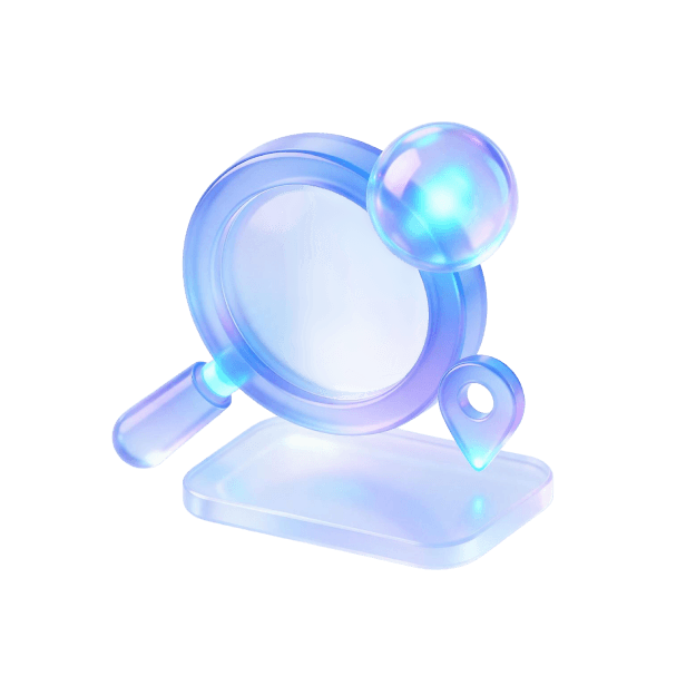 Magnifying glass with a map pin and a speech bubble