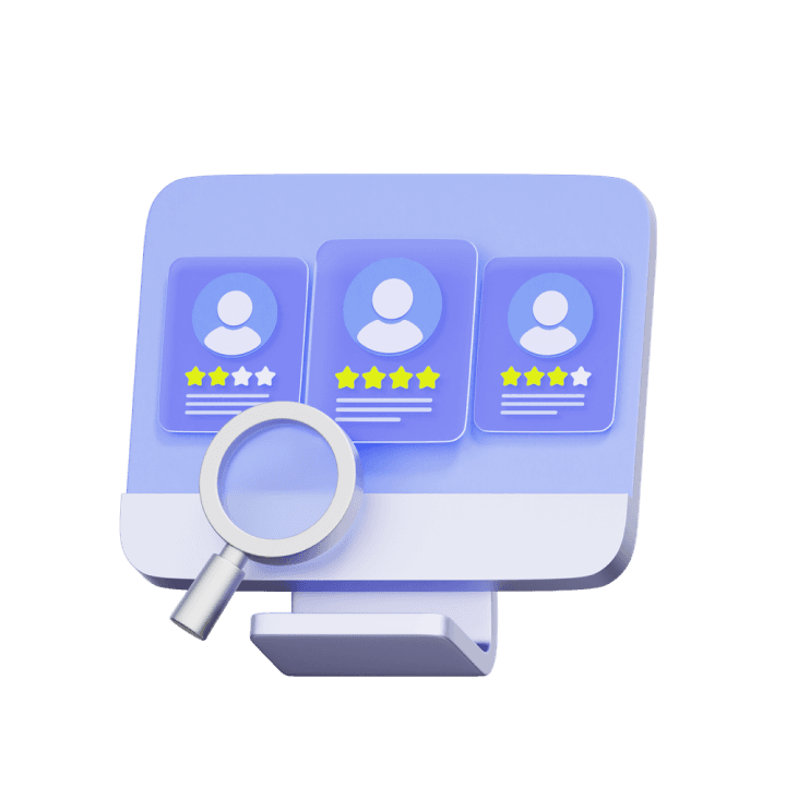 Screen showing three rated customer profiles under a magnifying glass