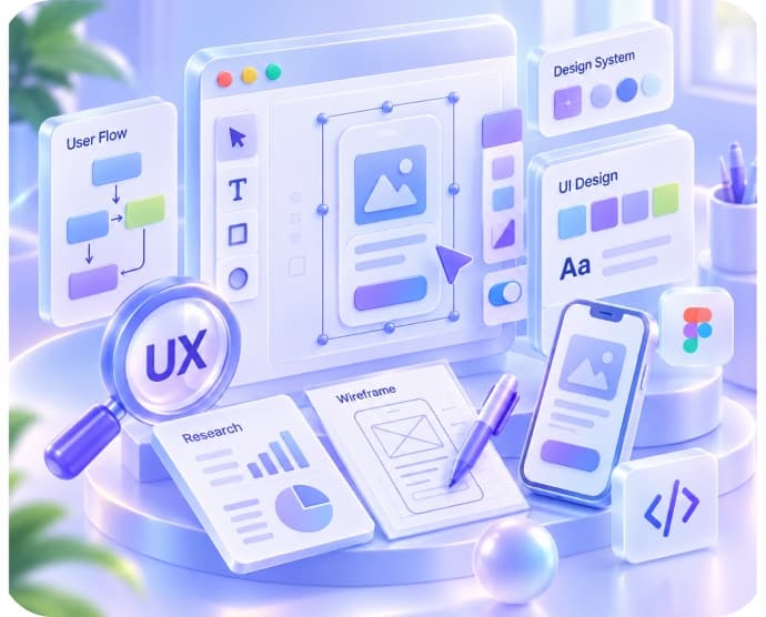 Wireframes and a component library beside a polished app interface, with user-flow arrows between them