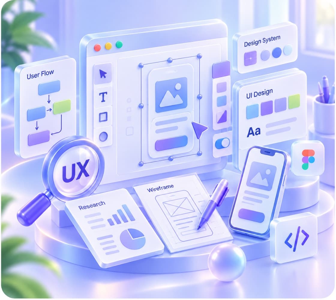 Wireframes and a component library beside a polished app interface, with user-flow arrows between them